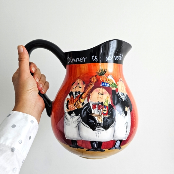 Dinner Is Served By Certified International Tracy Flickinger Vintage Pitcher 10" - Picture 1 of 16
